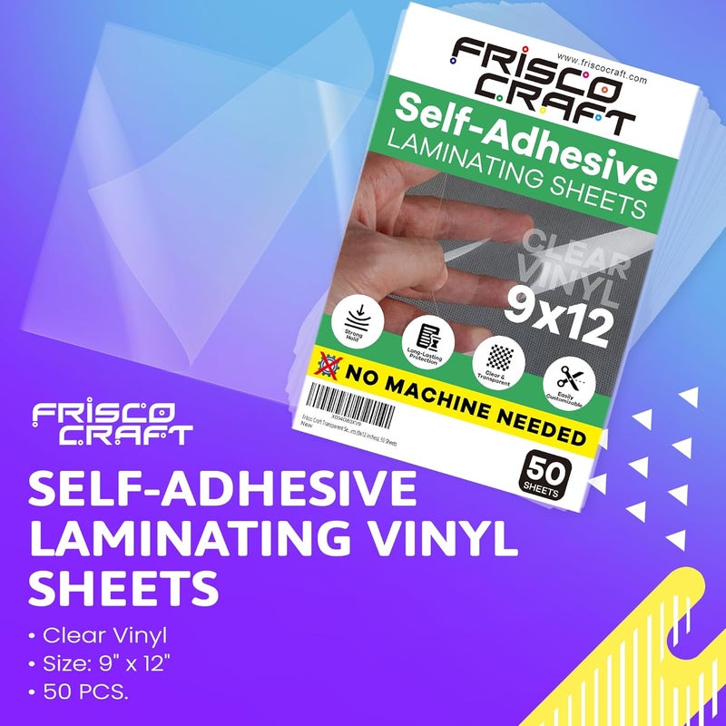 Frisco Craft Self Laminating Sheets, 50 PCS Clear Vinyl Adhesive Laminating Sheets, No Machine Needed, Self Sealing Laminate for Crafts, Photos, Documents, 9x12 Inch Clear Adhesive - Image 2
